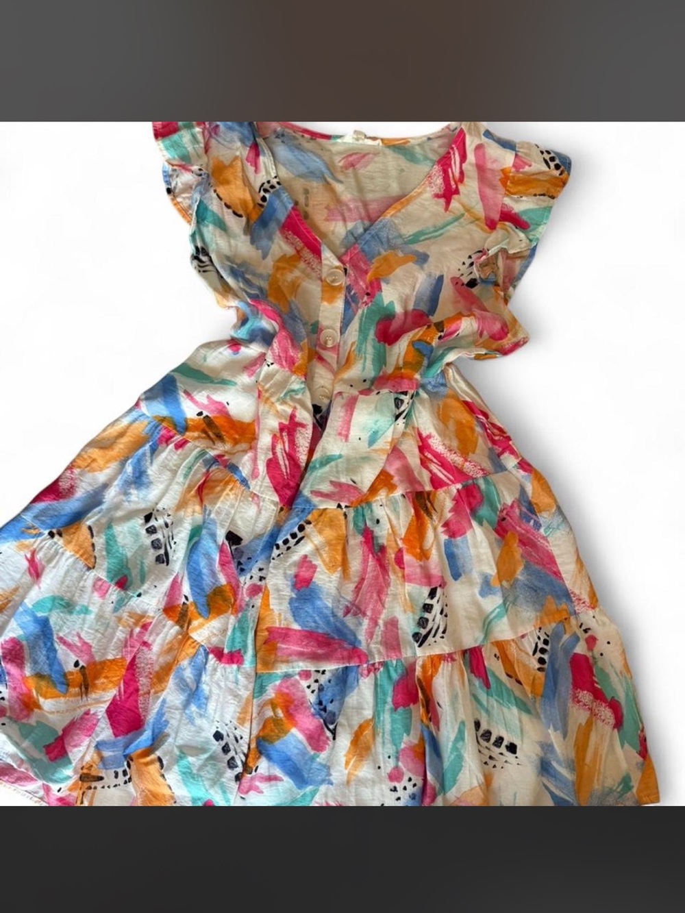 mine Multicolor Brushstroke Tiered Dress with Flutter Sleeves